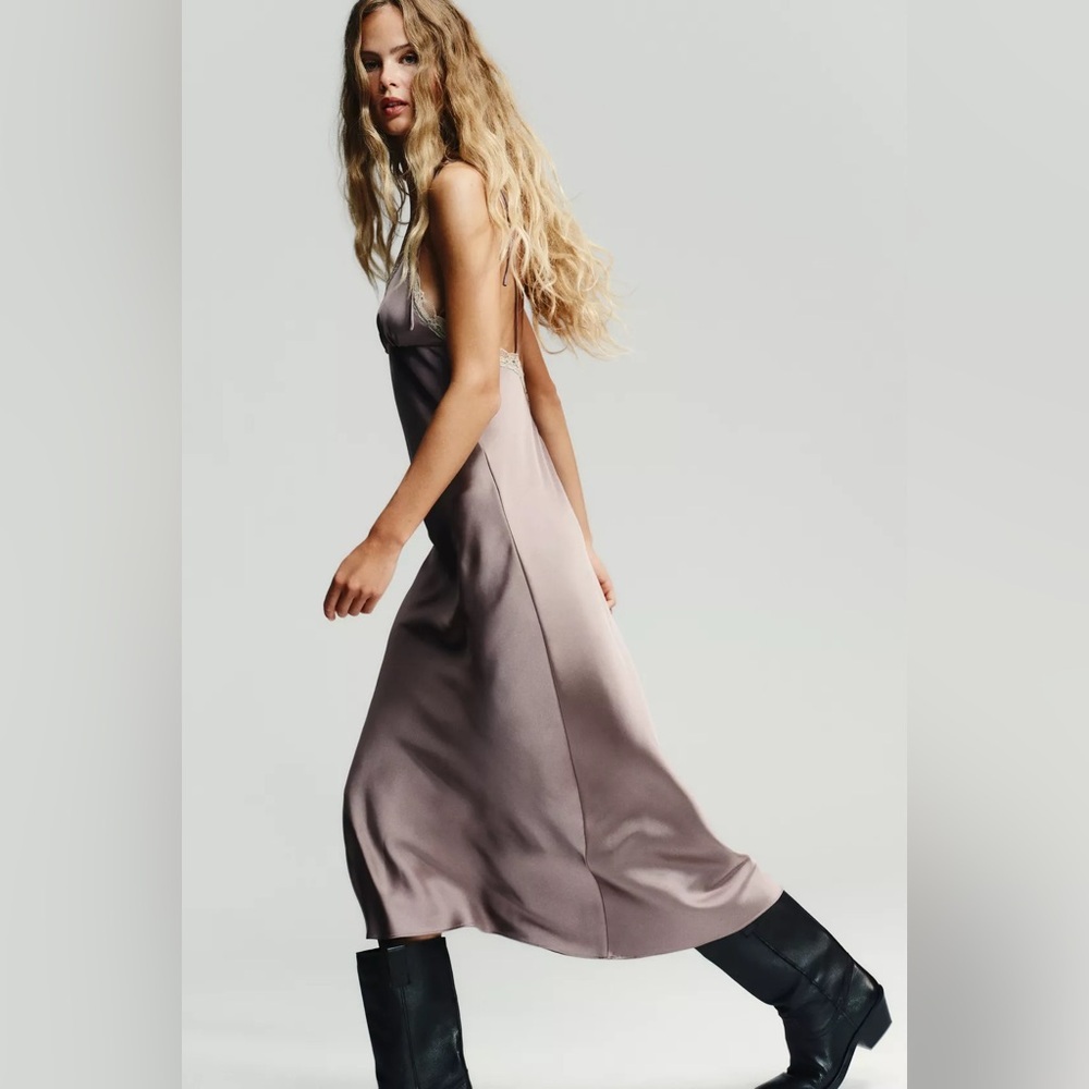 Zara Elegant Satin Slip Dress Lace Lingerie Liliac Maxi Evening Party XS - Picture 8 of 13